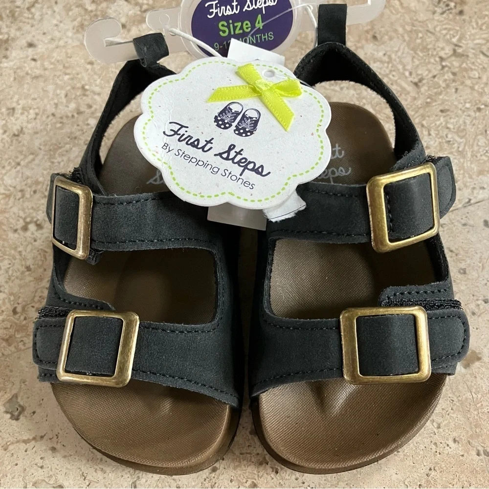 NWT FIRST steps By Stepping Stones Faux Leather & Buckle, Velcro Black Sandals 4 - Picture 1 of 6
